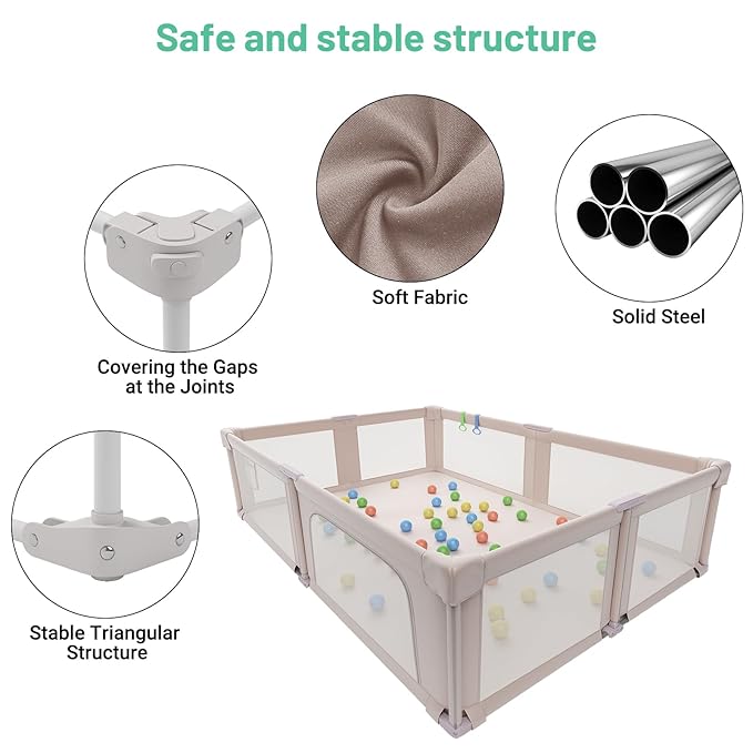 Foldable Playpen with Mat for Babies and Toddlers, 73" x 61" Baby Play Pen for Indoor & Outdoor, Playard with Soft Breathable Mesh, Pull-Link and Ocean Balls, Pink