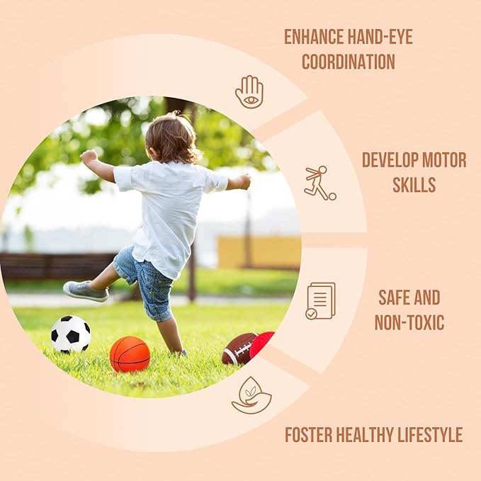 Balls for Toddlers with Pump 4 Pack 5" Small Rubber Playground Balls for Kids - 1 Football, 1 Basketball, 1 Soccer Ball and 1 Dodge Kickball - Indoor Outdoor Toys Gift