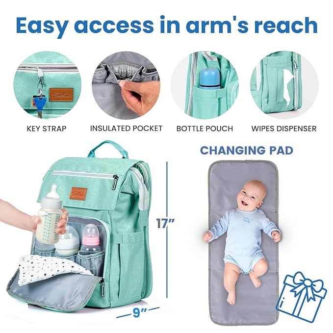 PILLANI Baby Diaper Bag Backpack - Large Bag for Boys & Girls, Waterproof Diaper Backpack - Travel Diaper Bags w/Changing Pad, Baby Registry Search & Shower Gifts - Essentials Must Haves Newborn Stuff