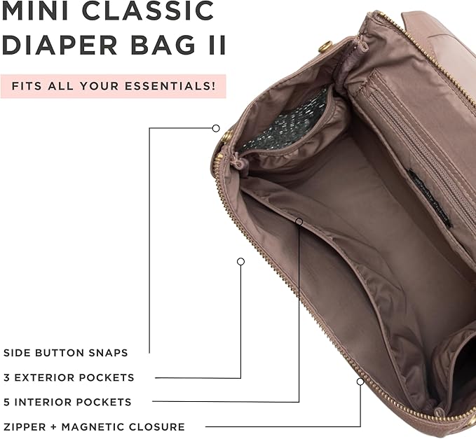 Freshly Picked Mini Classic Diaper Bag Backpack, Wipeable Vegan Leather, 8 Pockets Total (Heather)
