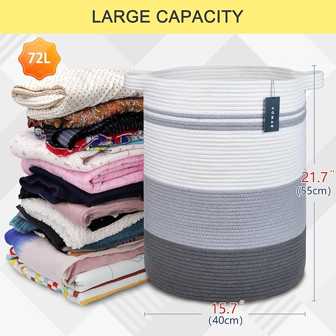 COMSE Extra Large Blanket Basket, Tall Laundry Basket, Nursery Hamper, 15.7”x 21.7”, Cotton Rope Woven Laundry Hamper for Storage Toys Clothes Towels, Gradient Gray
