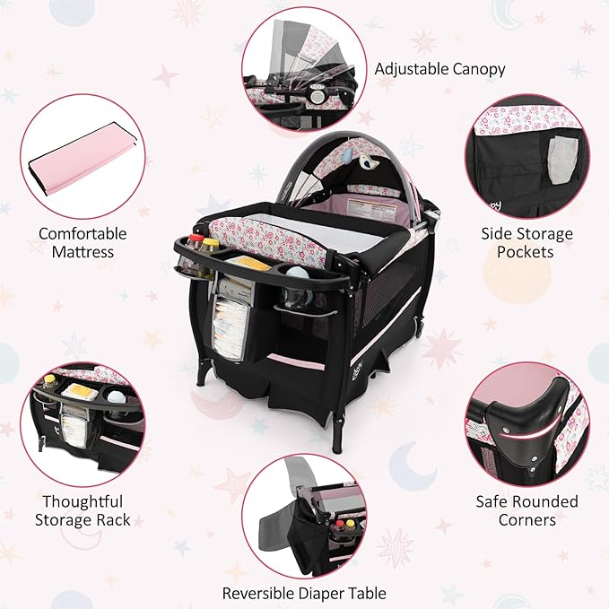 BABY JOY 4 in 1 Pack and Play, Portable Baby Playard with Bassinet & Flip-Away Changing Table, Canopy, Infant Bassinet with Storage Basket, Oxford Bag from Newborn to Toddlers (Pink Flower)