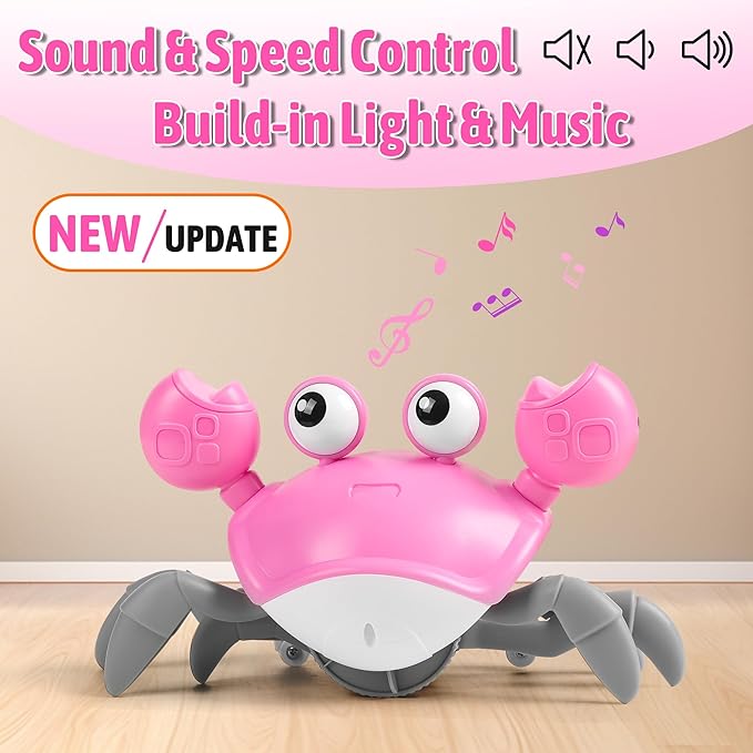 Crawling Crab Baby Girl Toy: Tummy Time Toys for Infant 3 6 9 12 18 24 36 Months, Pink Walking Dancing Sensing Crab for Toddler Age 1 2 3, 1st Music Birthday Gift for Girl, Christmas Stocking Stuffers