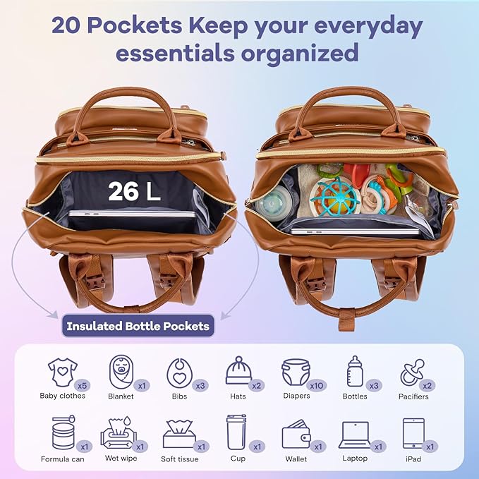 RUVALINO Diaper Bag Backpack, Multifunction Travel Pack Maternity Baby Changing Bags, Large Capacity, Waterproof, Brown