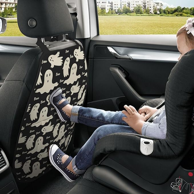 Ghost Pattern Car Kick Mats Back Seat Protector 2 Pack Auto Seat Back Covers with 3 Organizer Travel Accessories Universal Vehicle Interior from Dirt, Mud