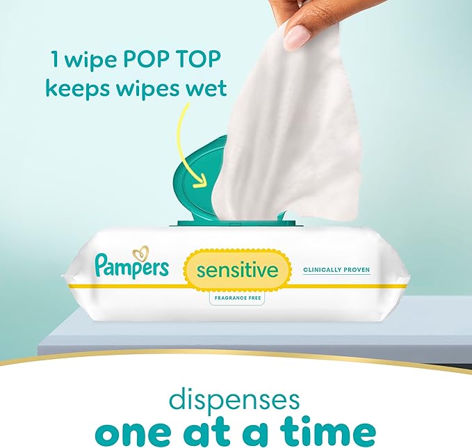 Pampers Baby Wipes Sensitive, Water Based Baby Wipes, Hypoallergenic and Unscented Baby Wipes, 168 Wipes Total (2 Flip-Top Packs)