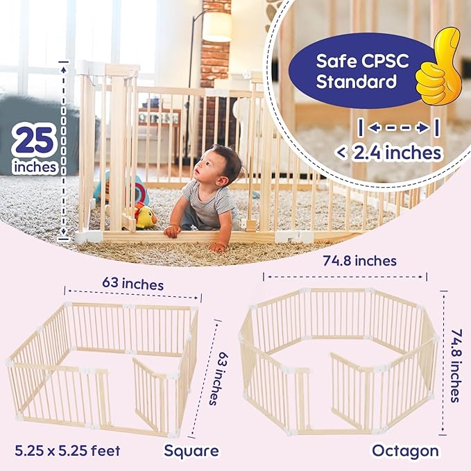 Foldable Wooden Baby Playpen Large Play Yard for Babies and Toddlers, 2 in 1 Portable Fence Custom 25" Tall Wood Gate with Adjustable Size & Shape for Infants 3-12 Months -63x63x25 inch