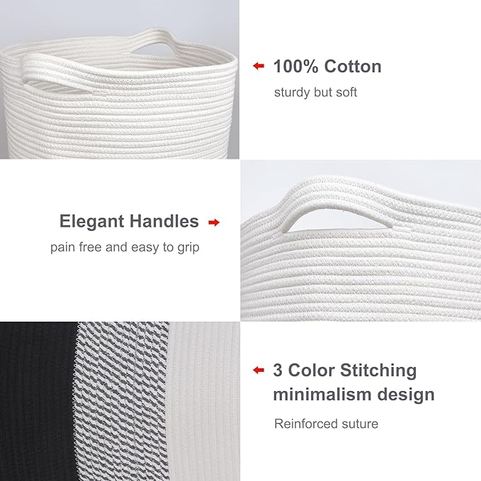 ﻿BOSROTY Large Laundry Hamper for Girls Boys Kids 72L, Nursery Hamper, Tall Laundry Basket, Cotton Rope Woven Blanket Basket for Storage Toys Clothes Towels, 16”x 22”, White & Gray & Black