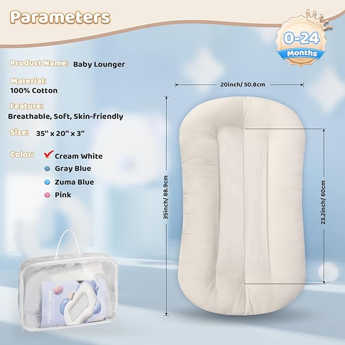 Baby Lounger - Baby Lounger for Newborn, 0-24 Months, Infant Lounger for Home and Travel, Soft Cotton, Baby Nest Lounger, Newborn Babies Essentials Gifts, White (Lounger Cover Included)
