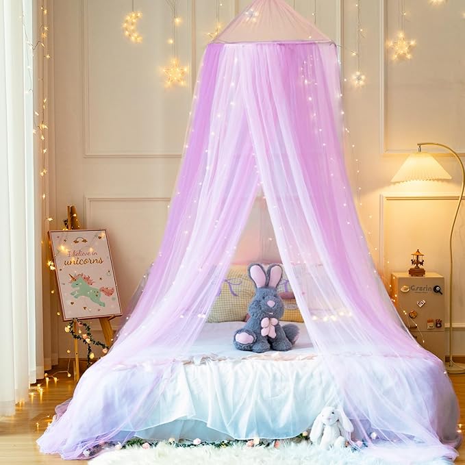 Princess Pink Purple Bed Canopy with Warm Fairy Lights for Girls Bed Net,X-Large Princess Canopy Hanging Netting for Girls Bedroom Decor,Kids Fairy Dream Play Tent for Room,Reading Corner