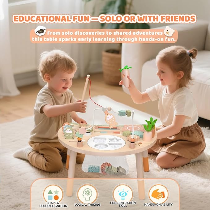 Activity Table for 1+ Year Old, 9-in-1 Montessori Wooden Sensory Play Table with Shape Sorter Fishing Game Bead Maze, Baby Activity Center Learning Toys for Toddler 12-18 Months