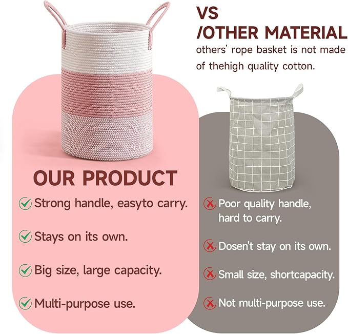 CLHMILY&Z 40L Laundry Basket Round Storage Rope Basket - 13x18 Inches - Pink Hamper in Bedreoom and Cute Storage Bin for Blankets, Toys, and Nursery Essentials
