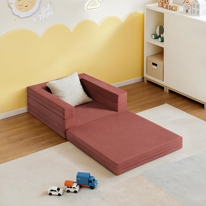 Travel Toddler Bed, 3-in-1 Convertible Sofa Bed for Toddler Portable Floor Beds, Flip Open Sofa Lounger for Girls and Boys, Made with High-Density Foam and Washable Cover,Red