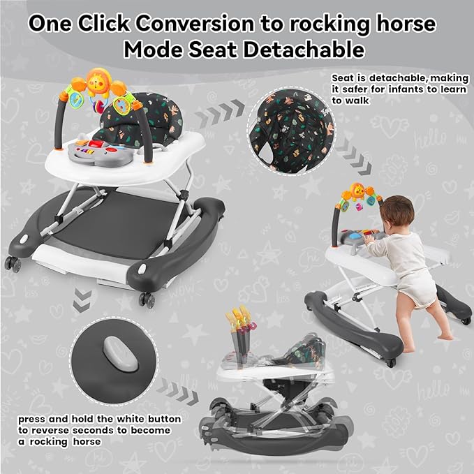 Baby Walker, 5 in 1 Baby Walkers for Boys Girls 6-12 Months, Foldable Walkers for Babies with Bouncer & Feeding Tray, Music, Adjustable Heights, Activity Walker for Infant