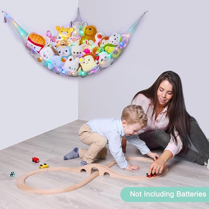 Unicorn Castle Stuffed Animals Net or Hammock Kids Toy Storage Organizer with LED Light Hanging Corner Stuffed Animals Holder Kids Girls Room Decor (Pack of 1)