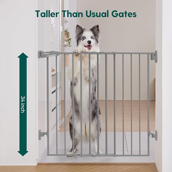 Babelio Baby Gate for Stairs, Kitchen & Doorways, 26-41" W 34" H Extra Tall| No Bottom Bar| Easy Installation| One-Handed Operation| Auto-Close| Hardware Mount Safety Dog/Pet Gate Indoor (Grey)