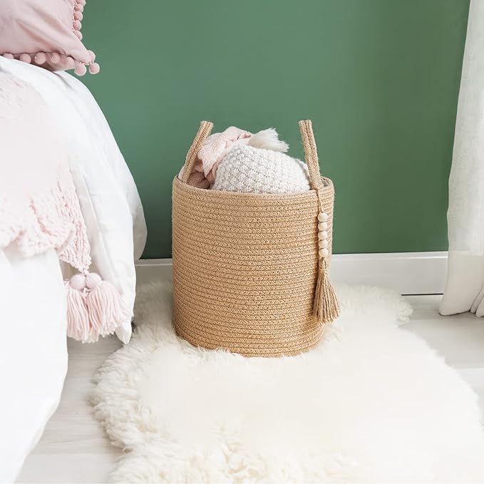 Mkono Woven Storage Basket Decorative Natural Rope Basket Wooden Bead Decoration for Blankets,Toys,Clothes,Shoes,Plant Organizer Bin with Handles Living Room Home Decor (Brown, 28 x 28cm)