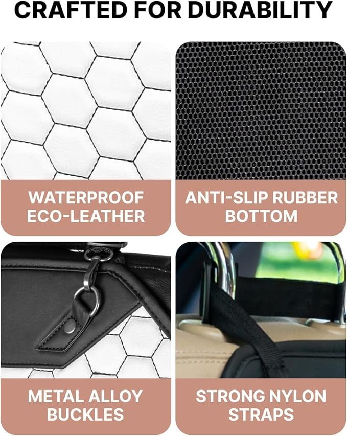 Owleys Car Accessories - White Seat Protector & Kick Mat Set Eco-Leather Guard 45"x18.5" + Waterproof Back Shield 27.5"x18.5" Road Trip Essential for Families with Kids Premium Light Interior Upgrade