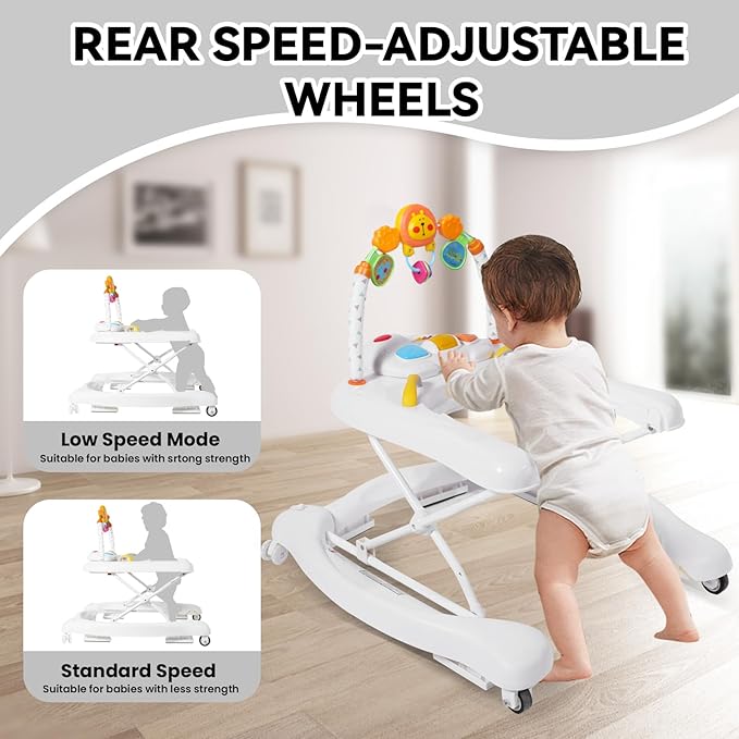 Baby Walker, 5 in 1 Baby Walkers for Boys Girls 6-12 Months, Foldable Walkers for Babies with Bouncer & Feeding Tray, Music, Adjustable Heights, Activity Walker for Infant