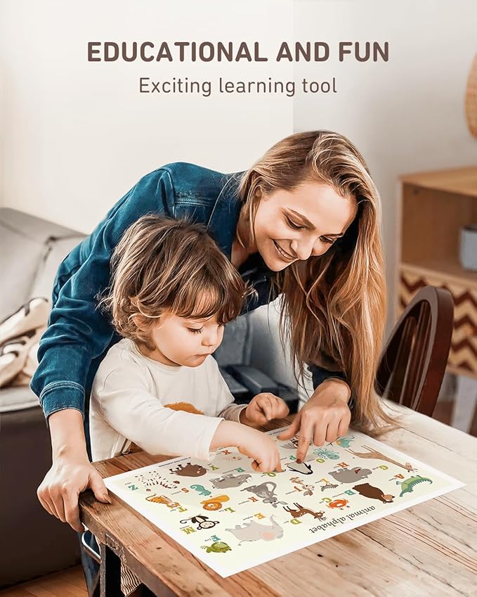 Babebay Disposable Stick-on Placemats 60 Pack for Baby & Kids & Toddler, Sticky Placemats Restaurant Table Mats 12" x 18" (Animal Alphabet)