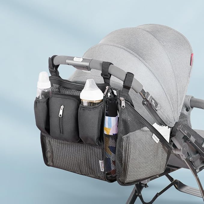 SUNVENO 2-in-1 Universal Stroller Organizer, Insulated Cup Holders, Zippered Phone/Wristlet Pocket, Side Sling Mesh Cargo, Adjustable Non-Slip Straps, Fits Most & Umbrella Strollers, Black