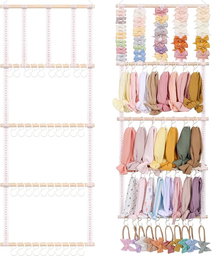 POVETIRE Headband Holder Hair Bows Organizer for Girls, Baby Headbands Hair Accessories Organizer Storage Wall Hanging Decor for Toddler Girls Room (Pink ribbon - 4 Tier)