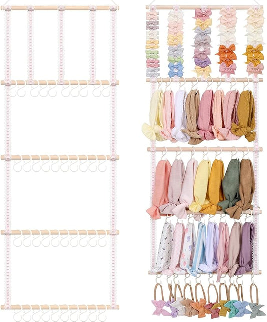 POVETIRE Headband Holder Hair Bows Organizer for Girls, Baby Headbands Hair Accessories Organizer Storage Wall Hanging Decor for Toddler Girls Room (Pink ribbon - 4 Tier)