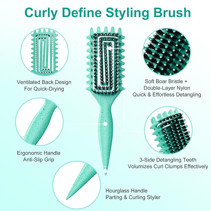 Curly Hair Brush, Curl Defining Brush with Soft Boar Bristles Detangling Tangled Glides, Wide-Teeth Design Effortlessly Shaping & Defining Curls, Curling Definer for Wet & Dry Hair (Green)
