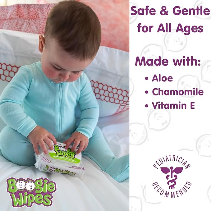 Saline Nose Wipes by Boogie, for Baby & Kids, Face, Hand & Body, Made with Vitamin E, Aloe, and Natural Saline, Unscented, 30 Count (Pack of 12)