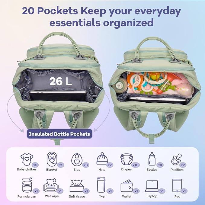 RUVALINO Diaper Bag Backpack, Multifunction Travel Pack Maternity Baby Changing Bags, Large Capacity, Waterproof, Light Green
