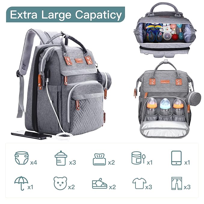 Diaper Bag Backpack with Changing Station, Large Diaper Bag, Baby Bag, Multifunctional Diaper Bag, Gray