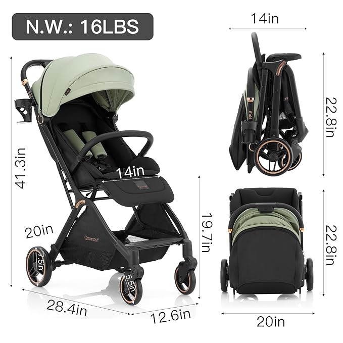 Gravity Folding Baby Stroller - Portable Travel Toddler Stroller w/Adjustable Backrest & Canopy, Lightweight and UV Protected, One-Hand Automatic Folding - Green