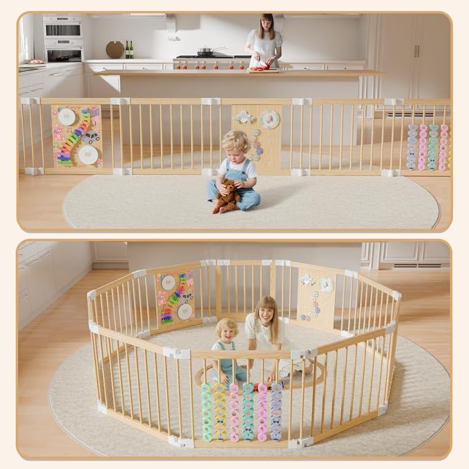 Baby Playpen - Adjustable Multi-Shape Wooden Play Yard, Portable Collapsible Activity Center with Baby Fence Play Area & Toys for Infants, Toddlers (56x84x24inch)