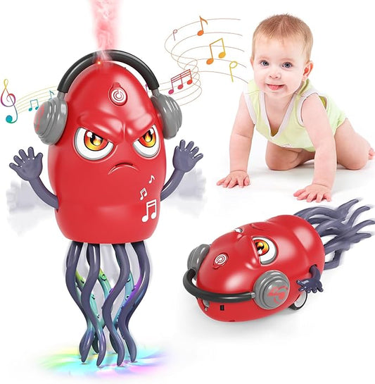 Dancing Squid Toy with Spray, Dancing Octopus Crawling Toys with Music and Lights, Electric Crawling Octopus Baby Toy, Tummy Time Squid Toys, Birthday Baby Gifts Christmas Stocking Stuffers (Red)