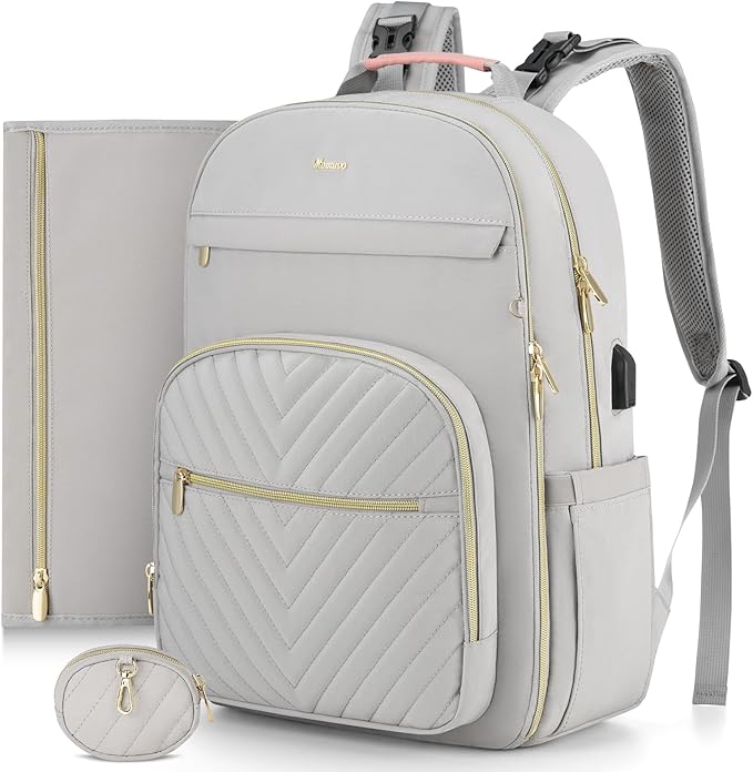 MOMUVO Diaper Bag Backpack, Quilted Baby Bag with Changing Pad and Stroller Straps and Pacifier Case, Multifunction Waterproof Travel Diaper Bags, Unisex, Light Grey and Pink