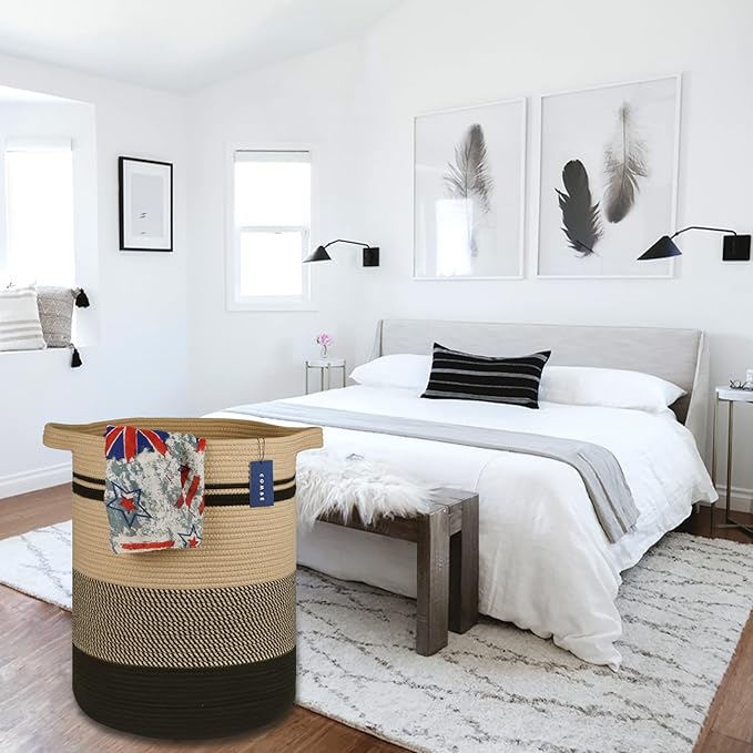 COMSE Extra Large Blanket Basket, Tall Laundry Basket, Nursery Hamper, 15.7”x 21.7”, Cotton Rope Woven Laundry Hamper for Storage Toys Clothes Towels, Brown/Black