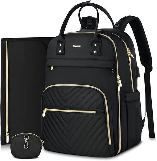 MOMUVO Diaper Bag Backpack, Quilted Baby Bag with Changing Pad and Stroller Straps, Dark Black