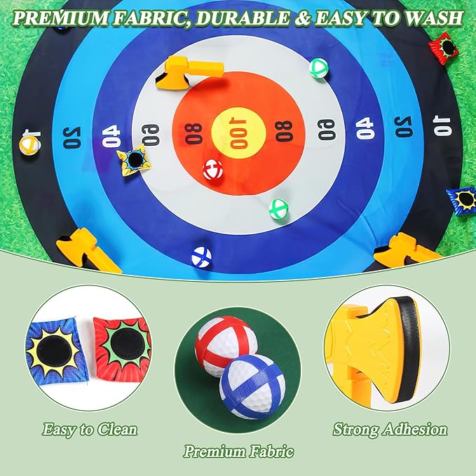 Mostop Golf Chipping Game with Stand - Golf Target Battle Game with Putting Mat, 12 Sticky Balls, 6 Axes, 2 Soccer Balls, 8 Bean Bags, Outdoor Golf Yard Game for Chipping Practice for Dads Golfers