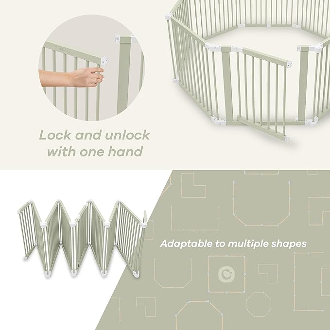 Comfy Cubs Baby Gate Playpen - 57 x 57 x 25 in, Extends Up to 228” - Pine Wood Foldable Playpen with Child-Proof Lock - Easy Assembly Baby Fence Play Area for Babies & Toddlers - Sage