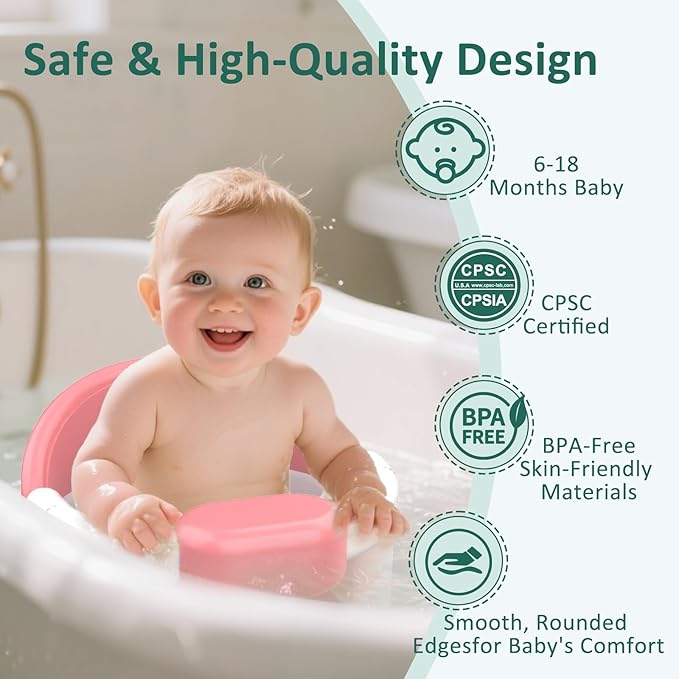 Baby Bath Seat for Babies 6 Months & Up, 360°Protection Bath Seats for Babies Sitting Up, Lockable Armrests, Non-Slip Comfortable Toddler Bath Seat with Soft Cushion