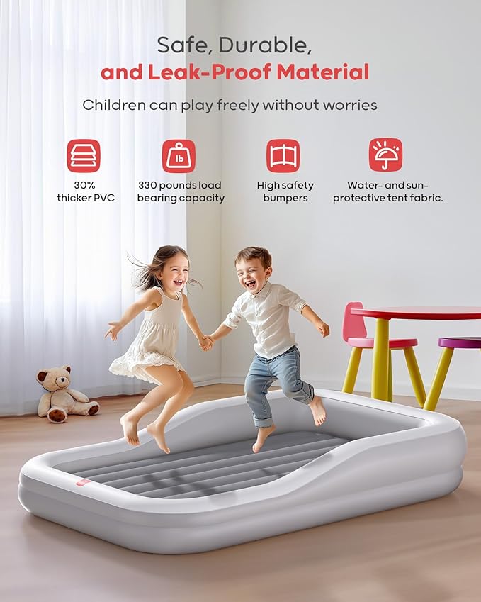 QPAU Inflatable Toddler Travel Bed with Tent, Baby Crib Tent, Portable Kids Air Mattress with Safety Bumpers, Ideal for Home, Grandma's, Camping, Traveling -Includes Fast Electric Pump (Grey)