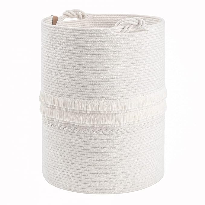 CherryNow Baby Laundry Hamper for Nursery, Tall Basket for Laundry Room, White Woven Storage Basket for Clothes, Toys, Towels, 16 x 22 inches, 69L