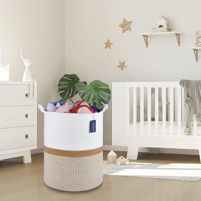 COMSE Extra Large Blanket Basket, Tall Woven Storage Basket, Nursery Hamper, 15.7”x 21.7”, Cotton Rope Laundry Hamper for Toys Clothes Towels, Blend White/Camel