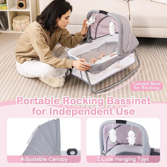 HONEY JOY Pack and Play with Bassinet, Infant Nursery Center Pack and Play w/Newborn Cradle & Hanging Toys, Diaper Storage, Music, Portable Baby Playard w/Changing Station (Starry Pink)