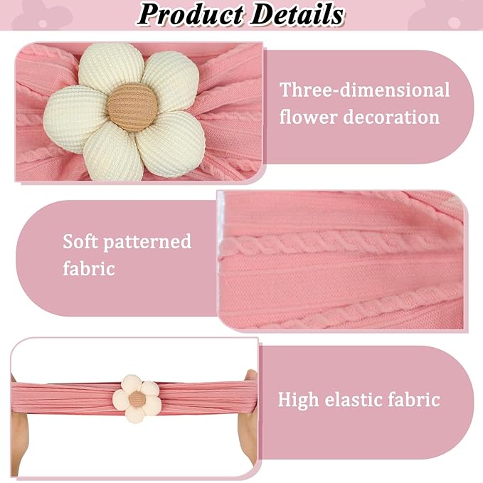 3 Pcs Baby Flower Headbands Baby Girls Nylon Headbands Soft Hairbands Hair Accessories for Newborn Infant Toddler Kids (Rose Pink‌ Green)