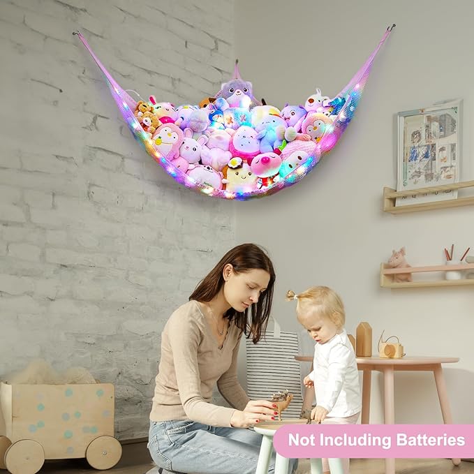 Unicorn Castle Stuffed Animals Net or Hammock Kids Toy Storage Organizer with LED Light Hanging Corner Stuffed Animals Holder Kids Girls Room Decor (Pack of 1)