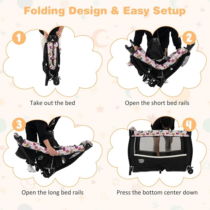 BABY JOY 4 in 1 Pack and Play, Portable Baby Playard with Bassinet & Flip-Away Changing Table, Canopy, Infant Bassinet with Storage Basket, Oxford Bag from Newborn to Toddlers (Circle)