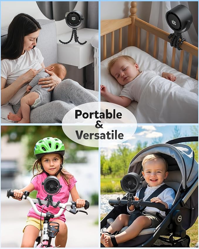 AMACOOL Baby Stroller Fan, Rechargeable Portable Clip on Fan, 17H Cooling with 5 Speeds, LED Display, 360°Rotate Personal Cooling Fans for Car Seat, Crib, Travel, Camping, Gifts for New Parents