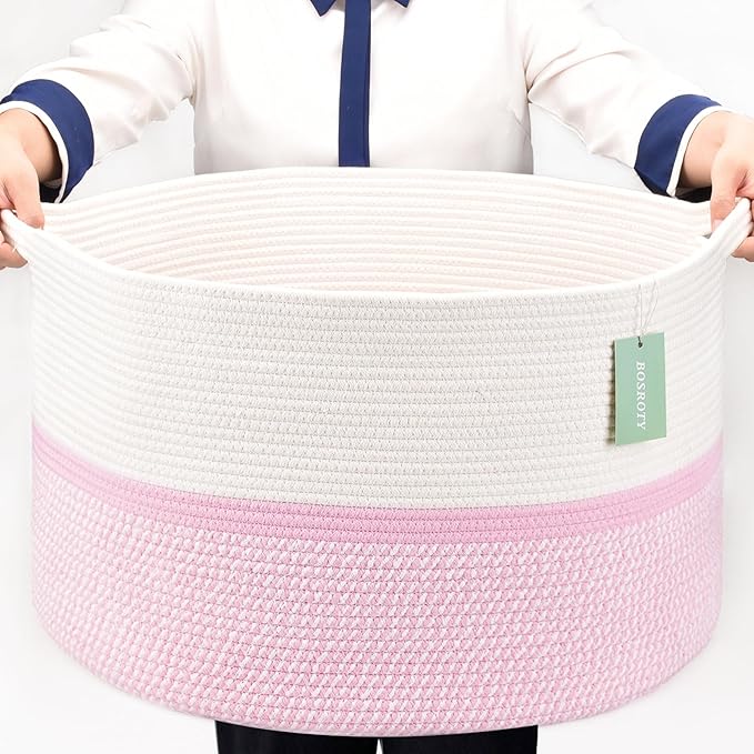 Extra Large Cotton Rope Basket For Girls Kids 87L, Nursery Hamper, Large Laundry Basket , Nursery Bin, Laundry Hamper Organizer for Storage Toys Blankets Clothes, 22”x 14”, Blend White & Pink