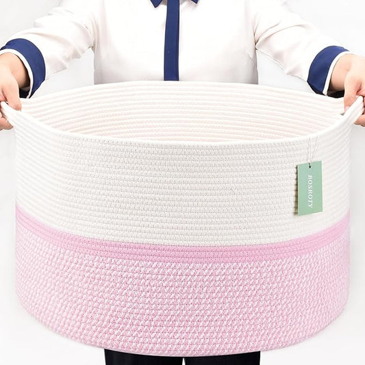 Extra Large Cotton Rope Basket For Girls Kids 87L, Nursery Hamper, Large Laundry Basket , Nursery Bin, Laundry Hamper Organizer for Storage Toys Blankets Clothes, 22”x 14”, Blend White & Pink